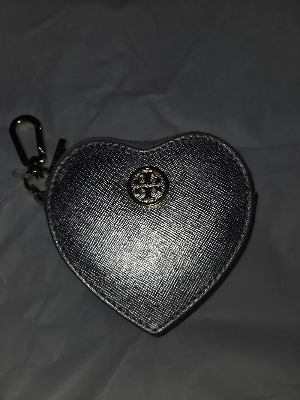Tory Burch Heart Coin Purse Keychain - Metallic Silver NWOT